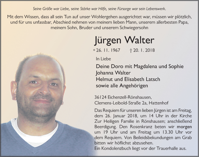  Traueranzeige für Jürgen Walter vom 24.01.2018 aus 