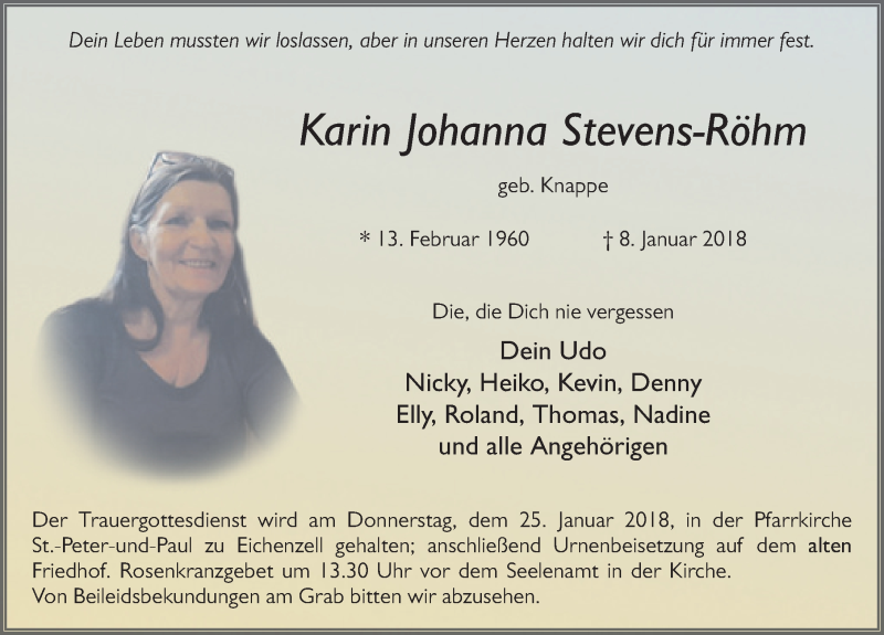  Traueranzeige für Karin Johanna Stevens-Röhm vom 20.01.2018 aus 