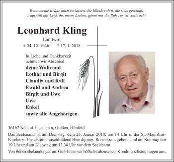 Traueranzeige von Leonhard Kling 