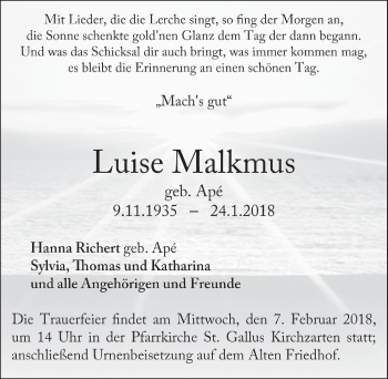 Traueranzeige von Luise Malkmus 