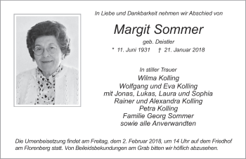 Traueranzeige von Margit Sommer 