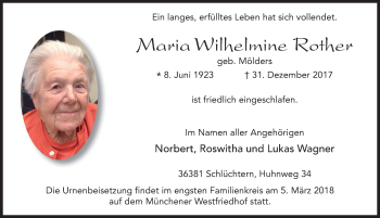 Traueranzeige von Maria Wilhelmine Rother 