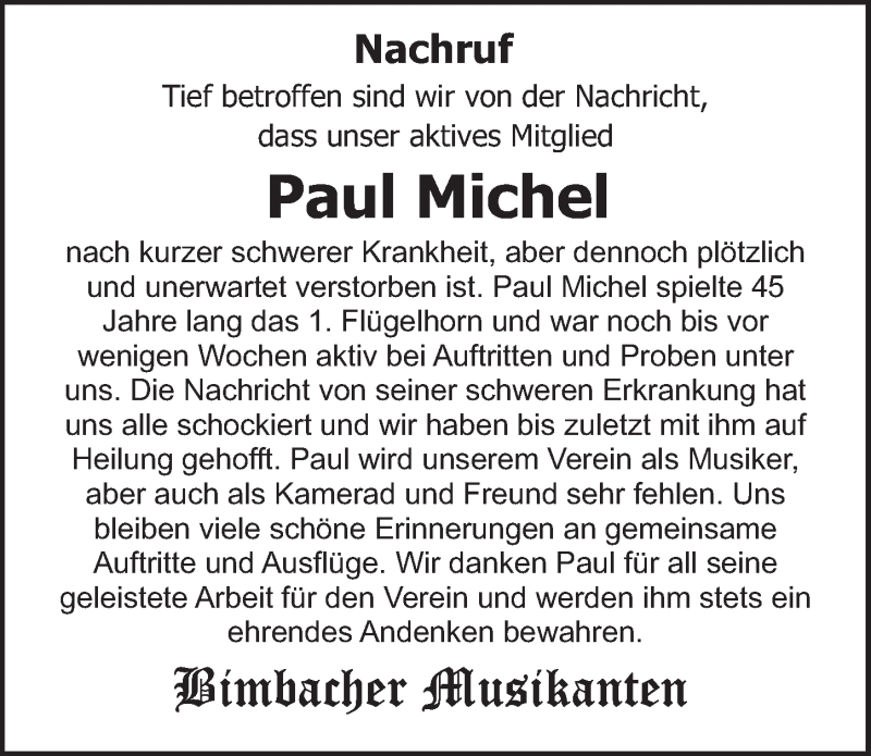  Traueranzeige für Paul Michel vom 03.01.2018 aus 