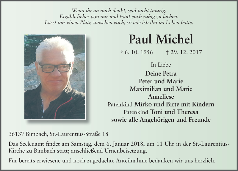  Traueranzeige für Paul Michel vom 03.01.2018 aus 