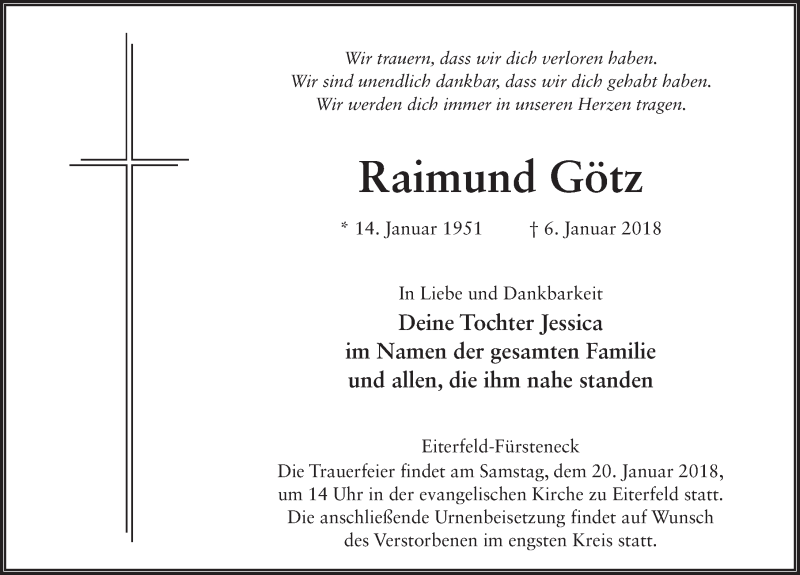  Traueranzeige für Raimund Götz vom 17.01.2018 aus 