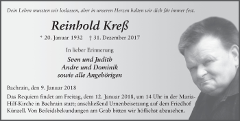 Traueranzeige von Reinhold Kreß 