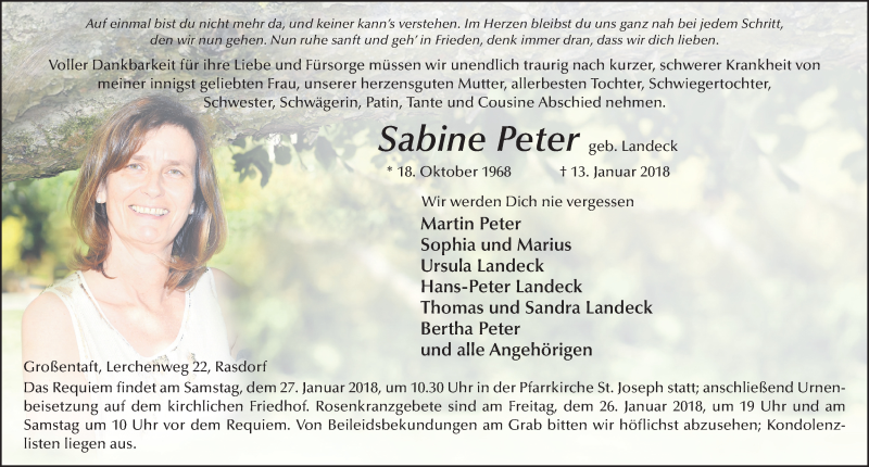  Traueranzeige für Sabine Peter vom 18.01.2018 aus 