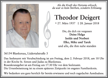 Traueranzeige von Theodor Deigert 