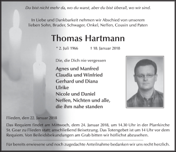 Traueranzeige von Thomas Hartmann 
