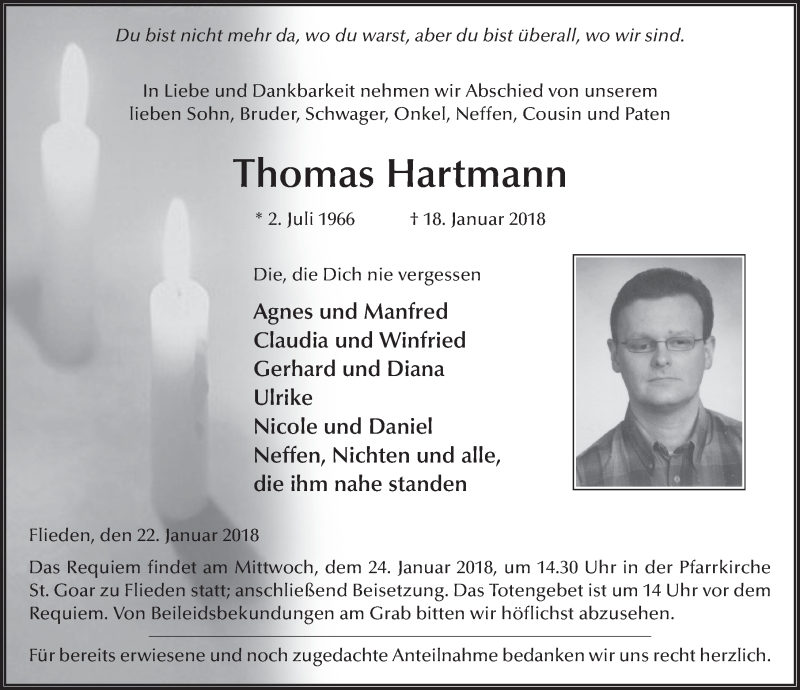  Traueranzeige für Thomas Hartmann vom 22.01.2018 aus 