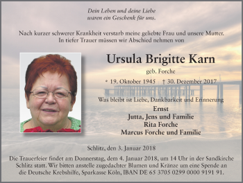 Traueranzeige von Ursula Brigitte Karn 