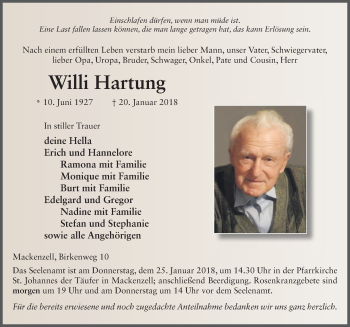 Traueranzeige von Willi Hartung 