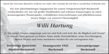 Traueranzeige von Willi Hartung 