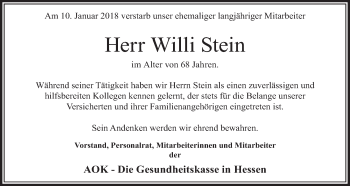 Traueranzeige von Willi Stein 