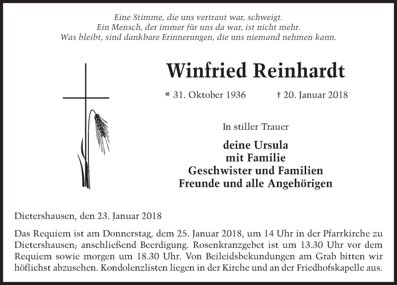  Traueranzeige für Winfried Reinhardt vom 23.01.2018 aus 