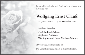 Traueranzeige von Wolfgang Ernst Clauß 