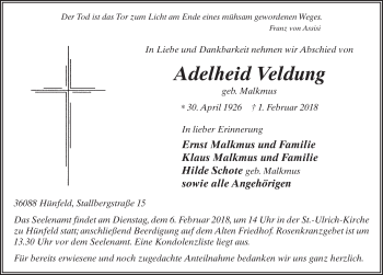 Traueranzeige von Adelheid Veldung 