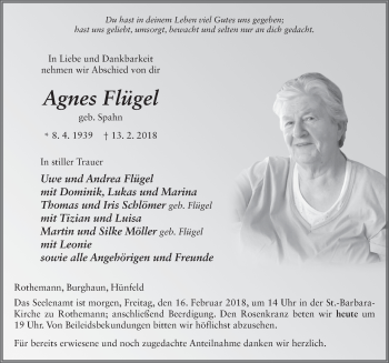 Traueranzeige von Agnes Flügel 