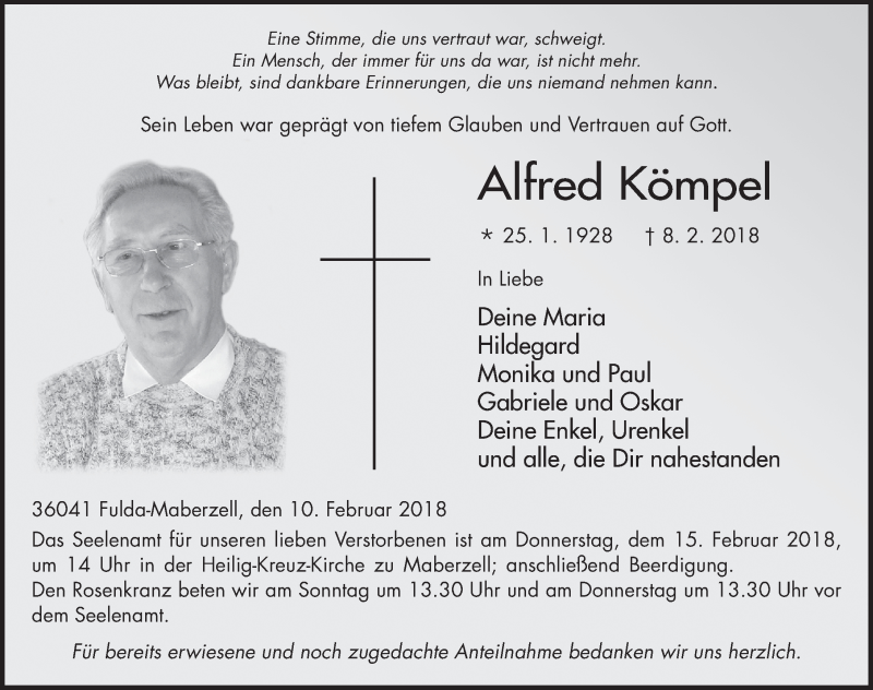  Traueranzeige für Alfred Kömpel vom 10.02.2018 aus 