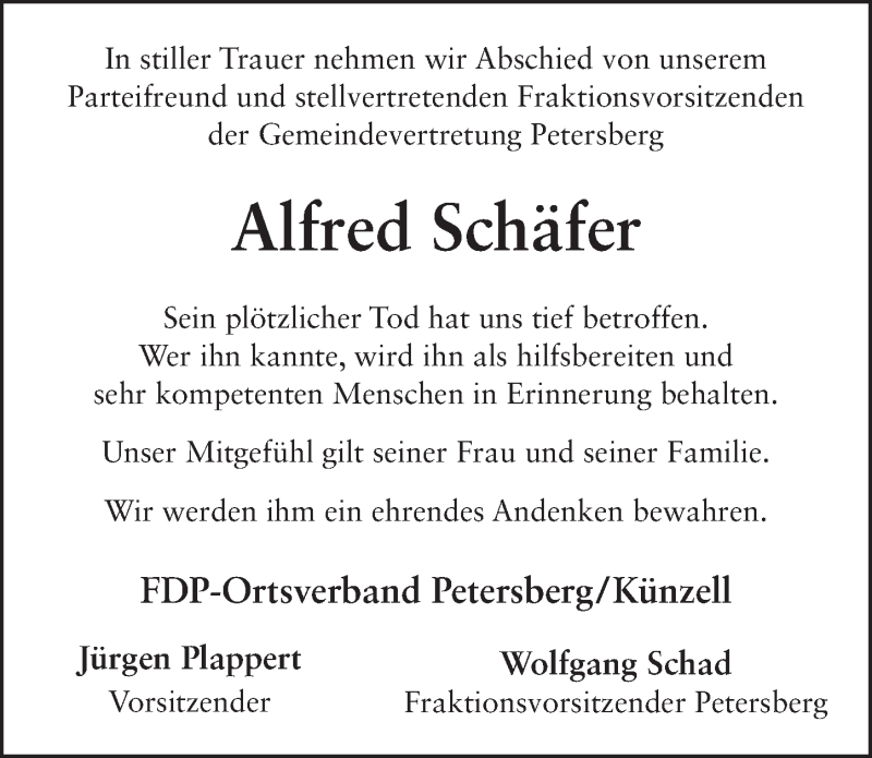  Traueranzeige für Alfred Schäfer vom 20.02.2018 aus 