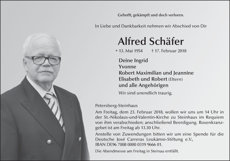  Traueranzeige für Alfred Schäfer vom 20.02.2018 aus 