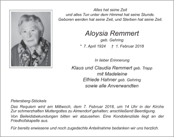 Traueranzeige von Aloysia Remmert 