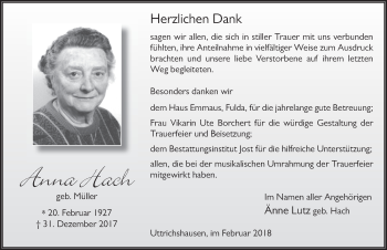 Traueranzeige von Anna Hach 