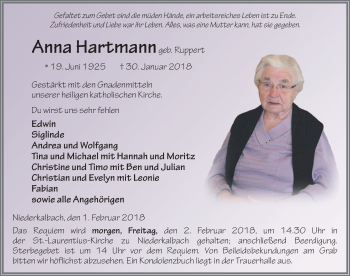 Traueranzeige von Anna Hartmann 