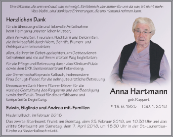 Traueranzeige von Anna Hartmann 