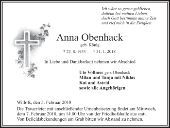 Traueranzeige von Anna Obenhack 