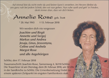 Traueranzeige von Annelie Rose 