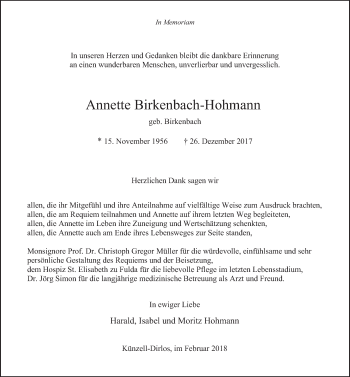 Traueranzeige von Annette Birkenbach-Hohmann 