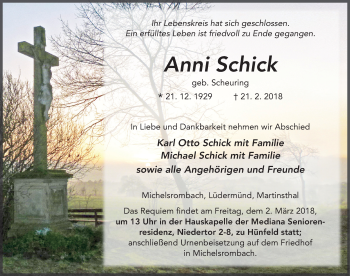Traueranzeige von Anni Schick 
