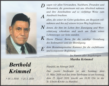 Traueranzeige von Berthold Krimmel 