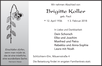 Traueranzeige von Brigitte Koller 