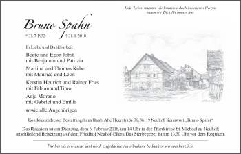 Traueranzeige von Bruno Spahn 