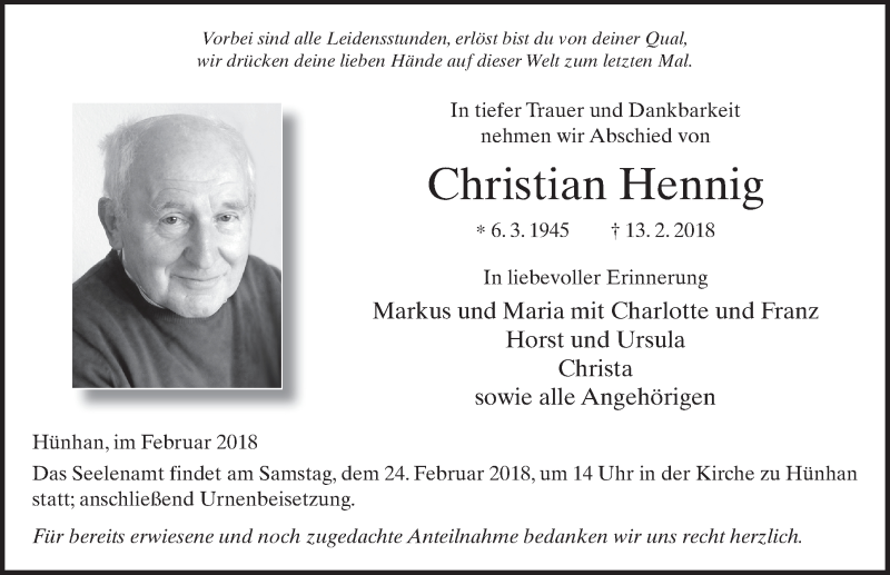  Traueranzeige für Christian Hennig vom 20.02.2018 aus 
