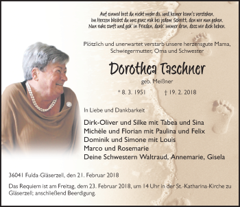 Traueranzeige von Dorothea Taschner 