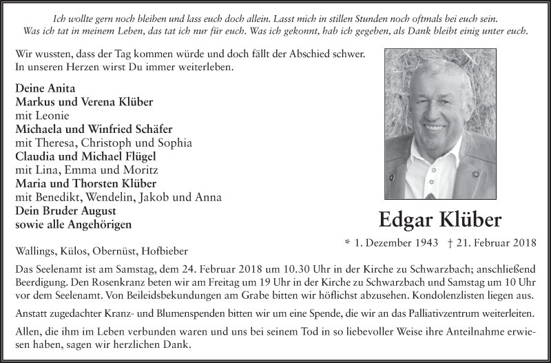  Traueranzeige für Edgar Klüber vom 23.02.2018 aus 