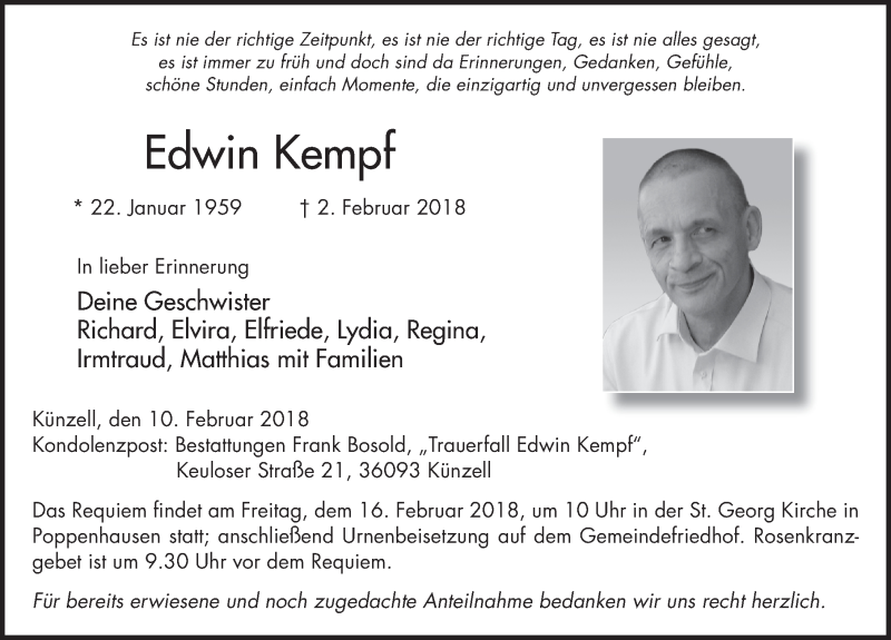  Traueranzeige für Edwin Kempf vom 10.02.2018 aus 