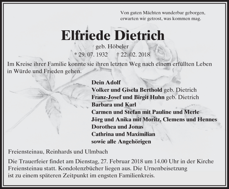  Traueranzeige für Elfriede Dietrich vom 24.02.2018 aus 
