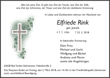 Traueranzeige von Elfriede Rink 
