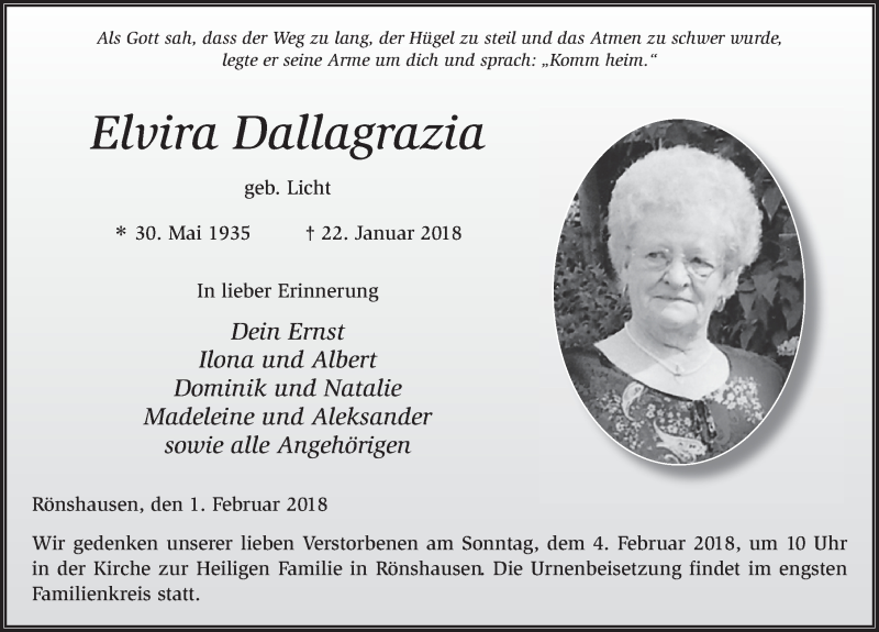  Traueranzeige für Elvira Dallagrazia vom 01.02.2018 aus 
