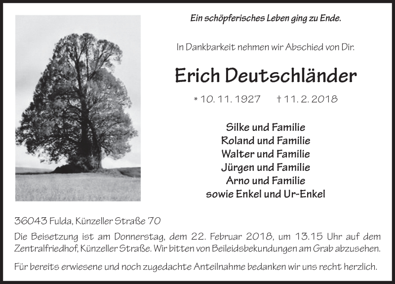  Traueranzeige für Erich Deutschländer vom 17.02.2018 aus 
