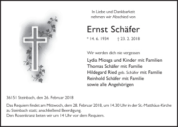 Traueranzeige von Ernst Schäfer 