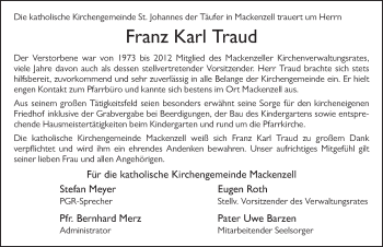 Traueranzeige von Franz Karl Traud 