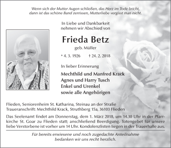 Traueranzeige von Frieda Betz 