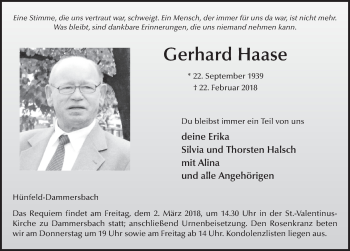 Traueranzeige von Gerhard Haase 