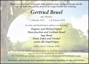 Traueranzeige von Gertrud Beuel 