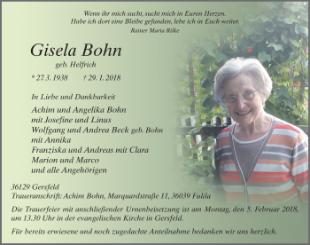 Traueranzeige von Gisela Bohn 